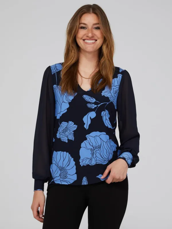 Floral Print V-Neck Top With Sheer Crepe Chiffon Long Sleeves sold by Suzy Shier