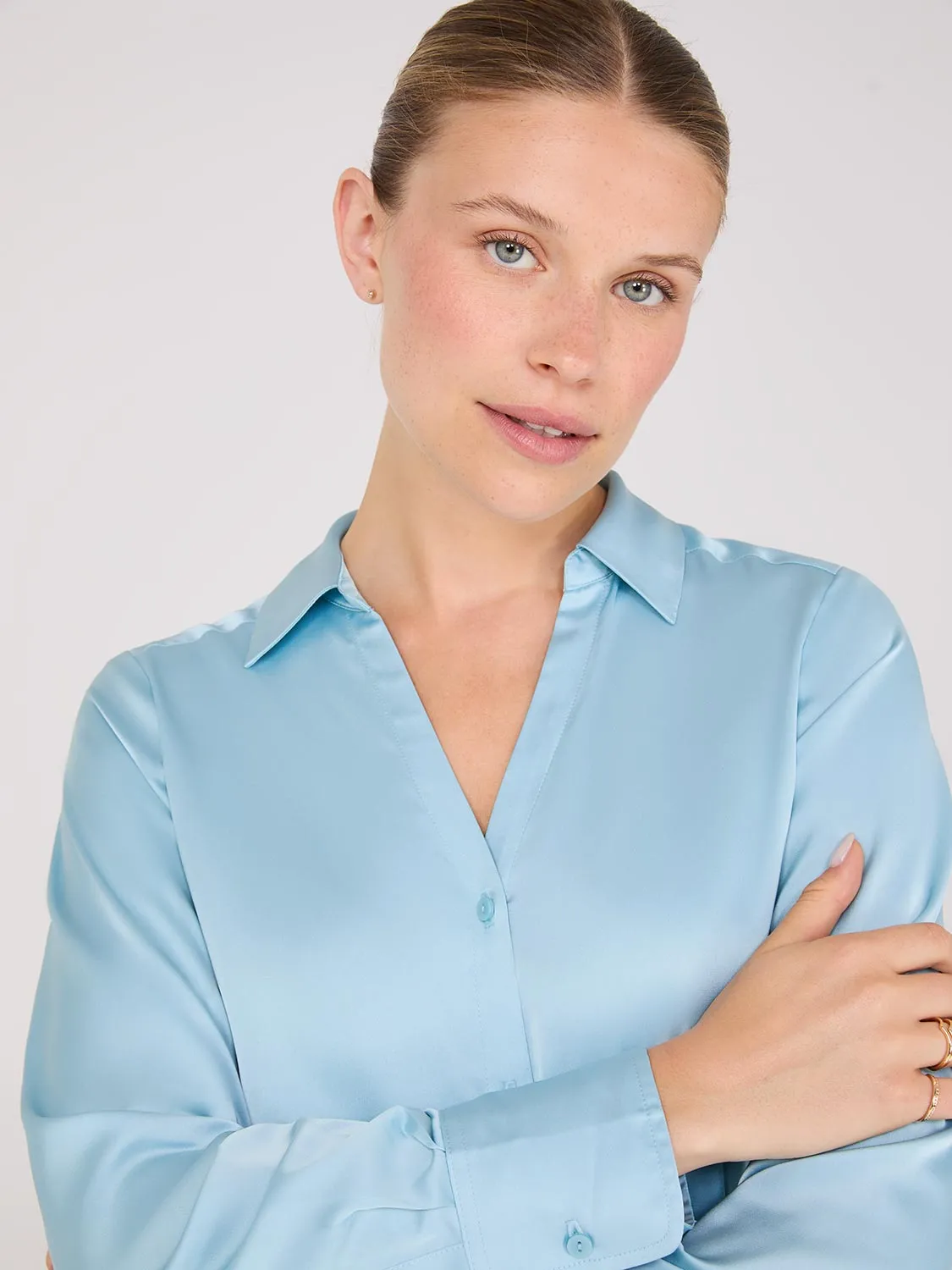 Notch Collar Button-Front Satin Blouse sold by Suzy Shier product image thumbnail 2