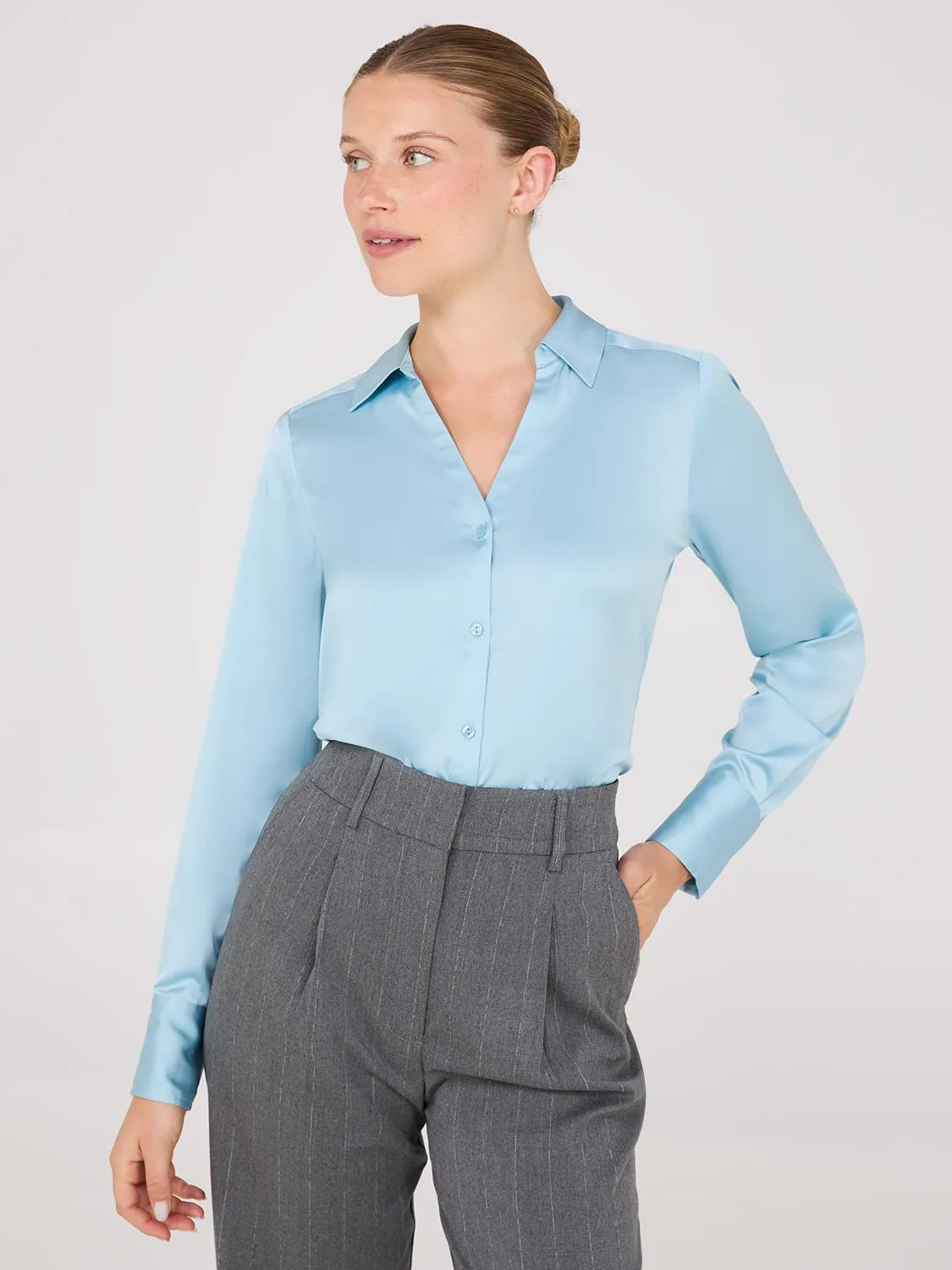 Notch Collar Button-Front Satin Blouse sold by Suzy Shier