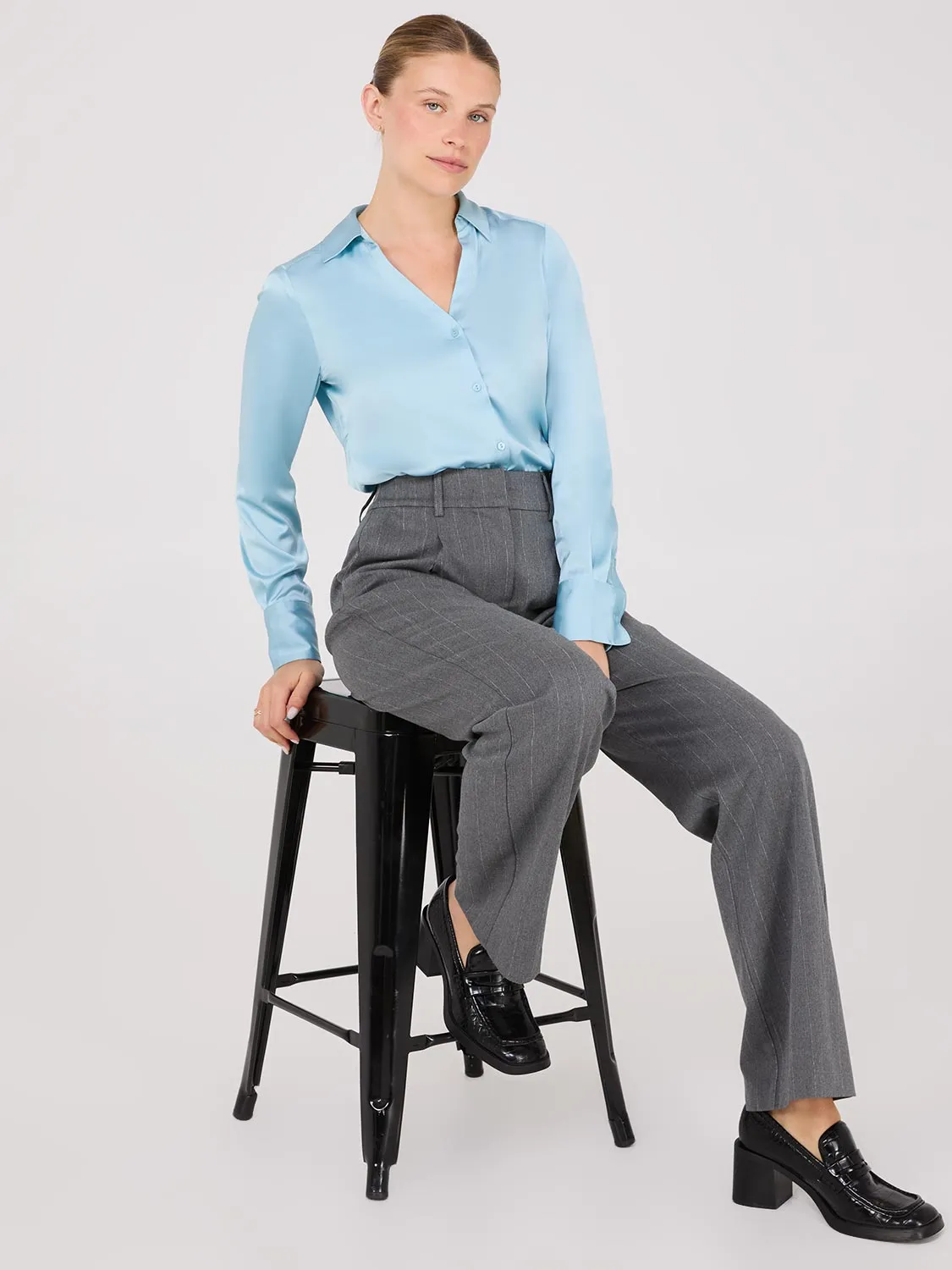 Notch Collar Button-Front Satin Blouse sold by Suzy Shier product image thumbnail 3