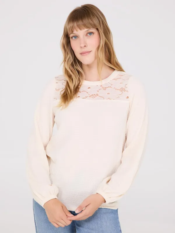 Lace Round Neck Textured Top sold by Suzy Shier