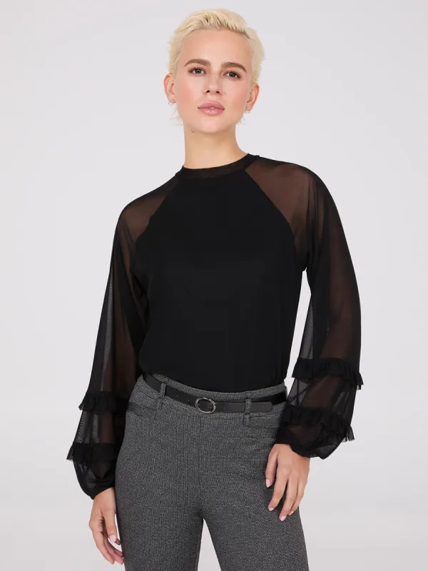 Mock Neck Mesh Top With Ruffle Details sold by Suzy Shier