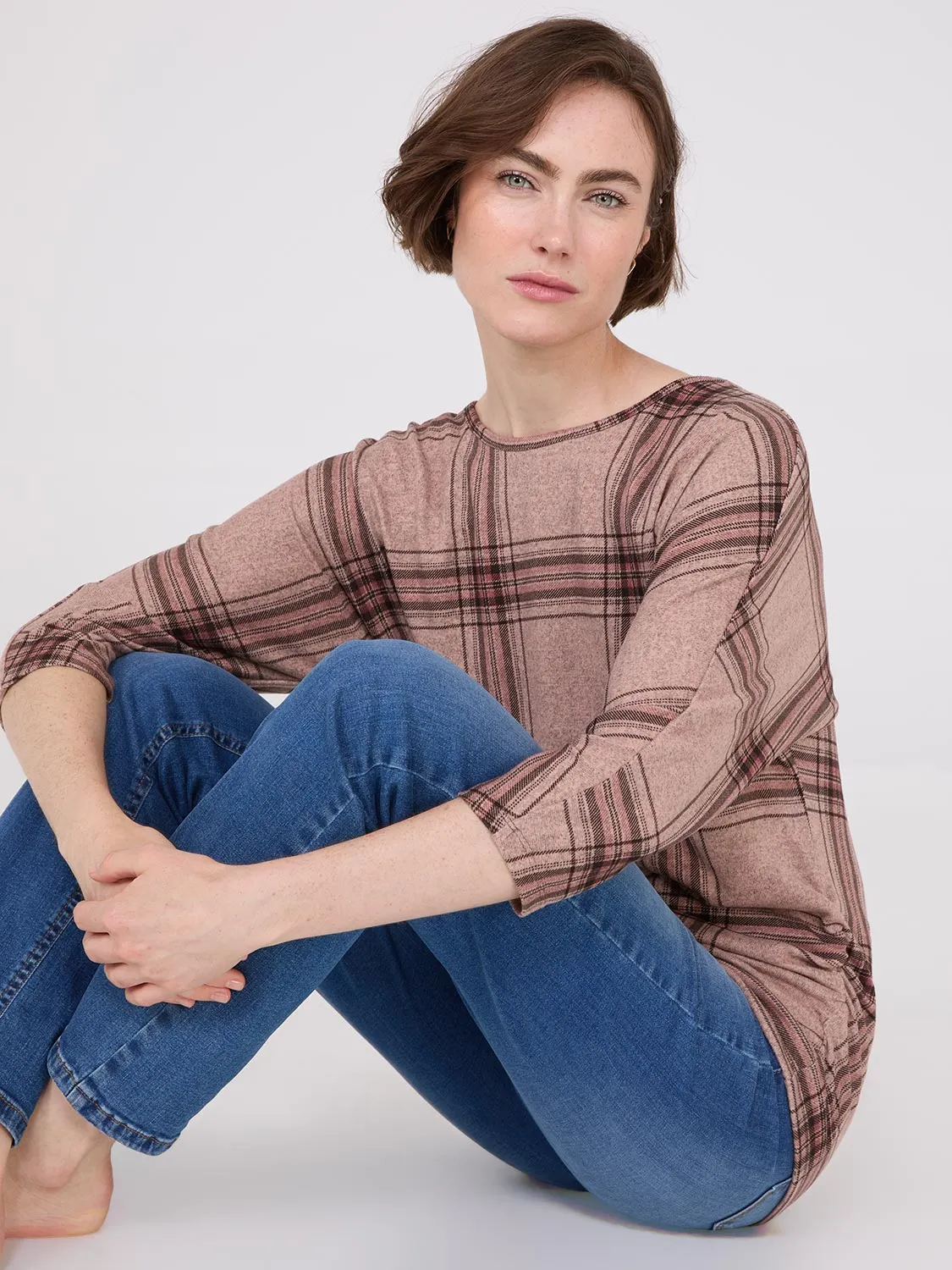3/4 Sleeve Plaid Top With Side Ruching sold by Suzy Shier