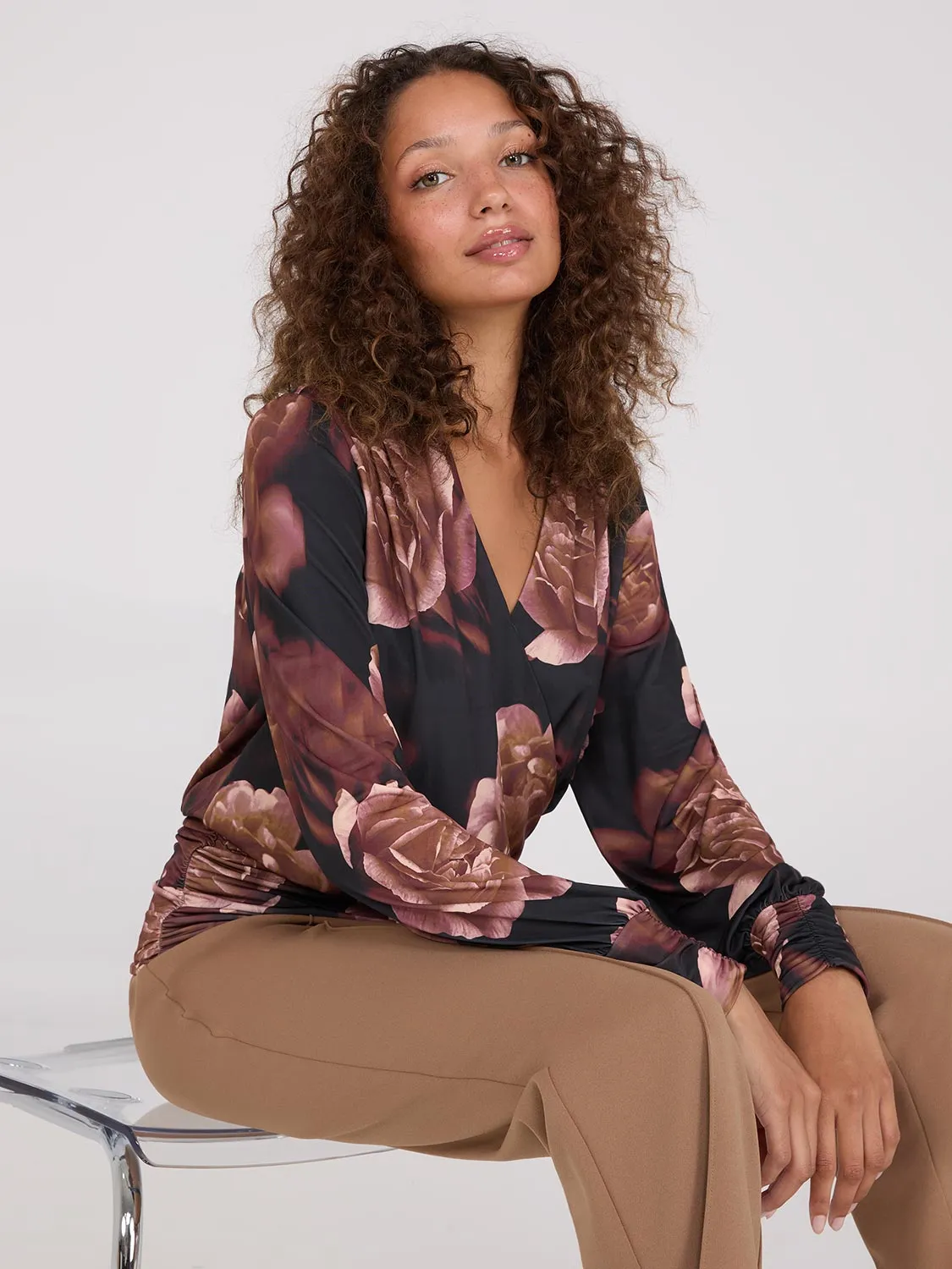 Printed Crossover Top With Ruched Details sold by Suzy Shier