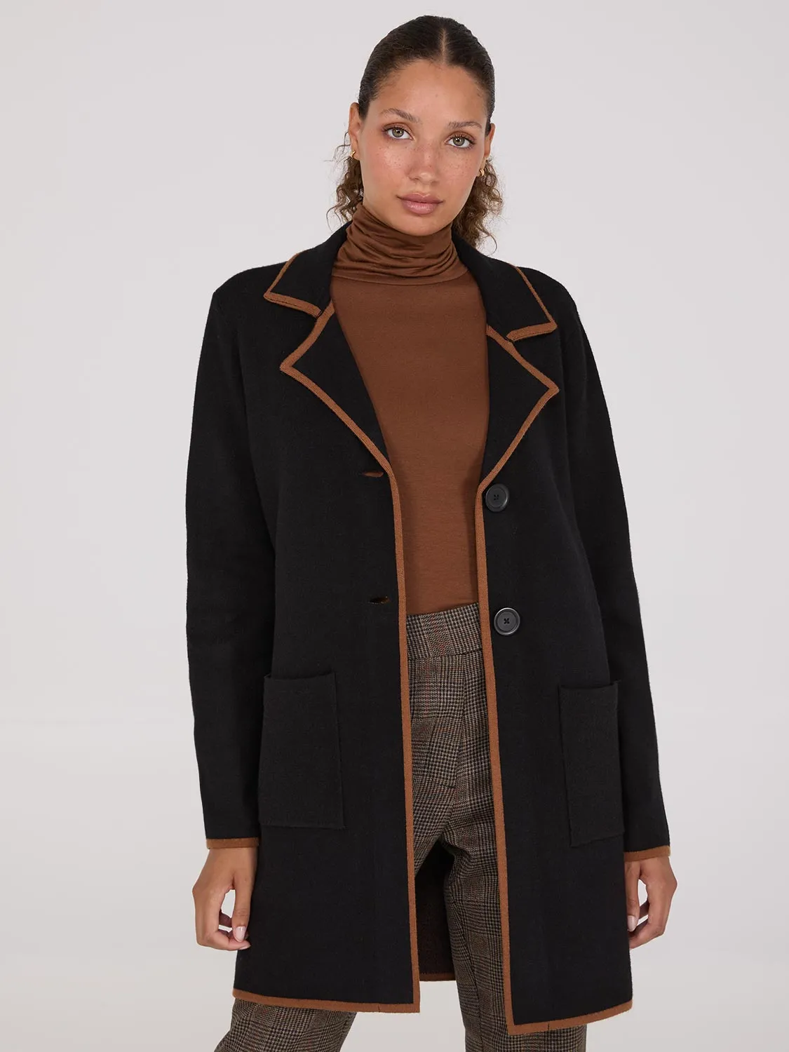 Contrast Trim 2-Button Coatigan sold by Suzy Shier