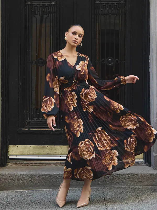 Floral Print V-Neck Pleated Maxi Dress sold by Suzy Shier