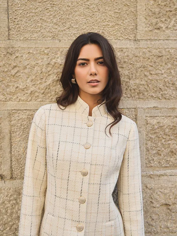 Boucle Button-Front Blazer With Mandarin Collar sold by Suzy Shier