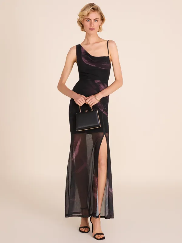 Abstract Print Cowl Neck Mesh Gown made by Suzy Shier