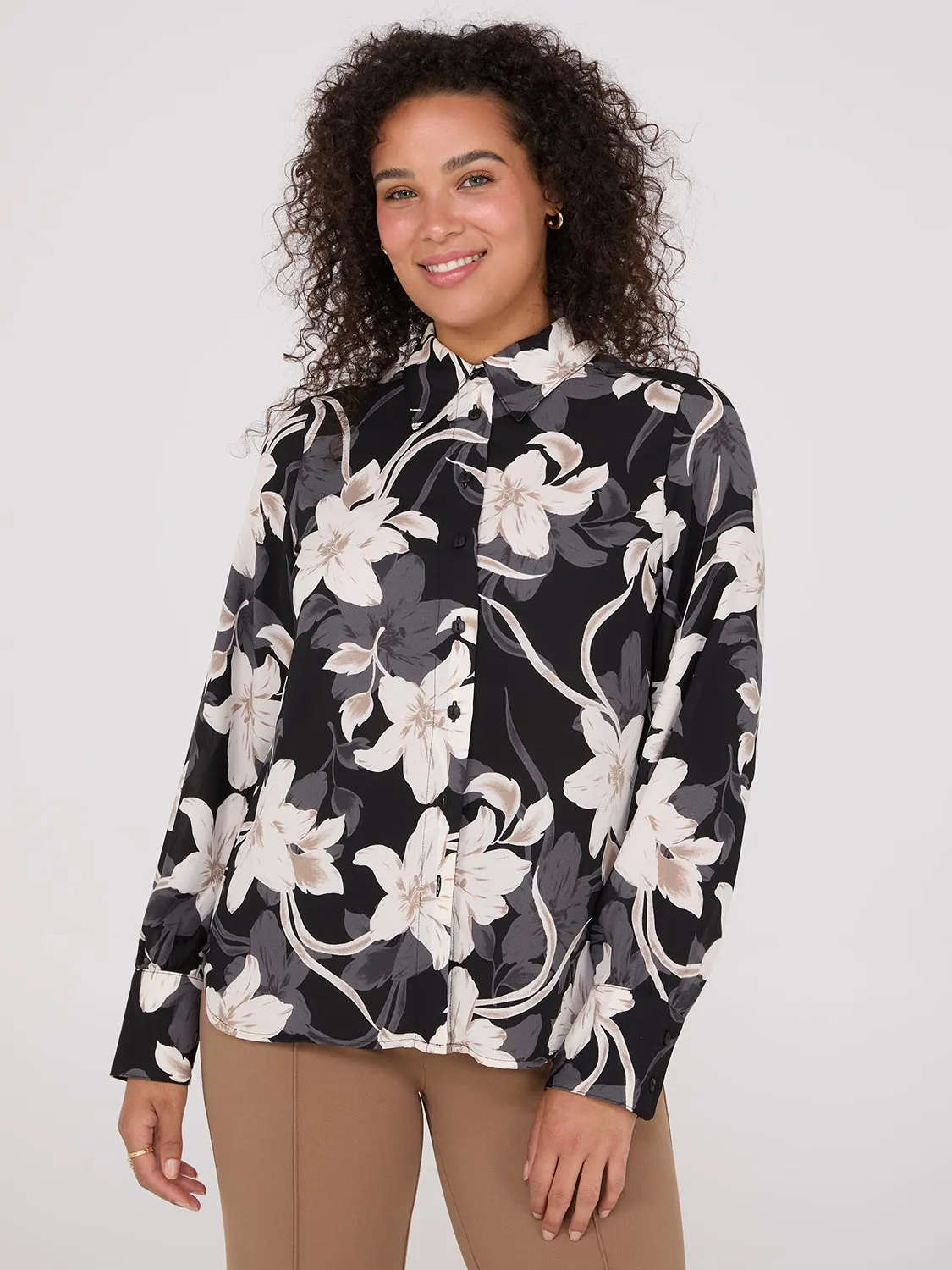 Floral Print Crepe Chiffon Button-Front Blouse sold by Suzy Shier