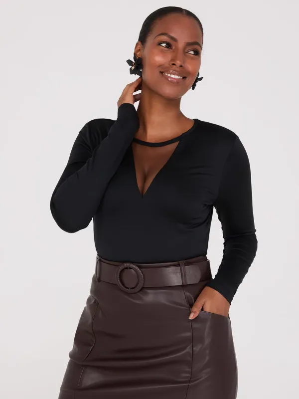 Mesh V-Neck Long Sleeve Top sold by Suzy Shier