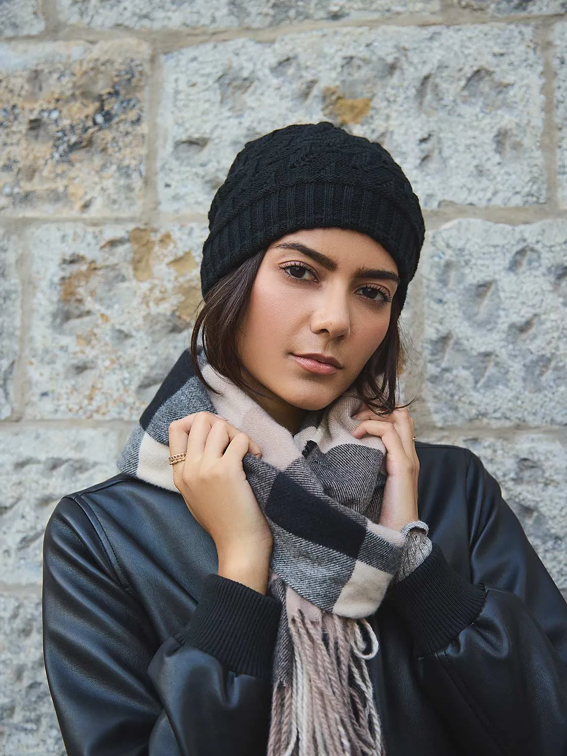 Checkered Fringe Scarf sold by Suzy Shier