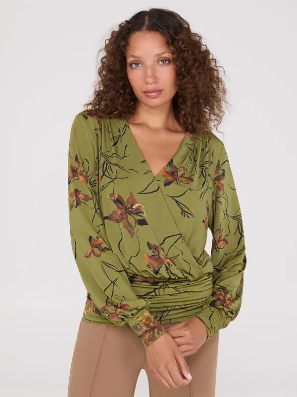Floral Print Crossover Top With Ruched Details sold by Suzy Shier