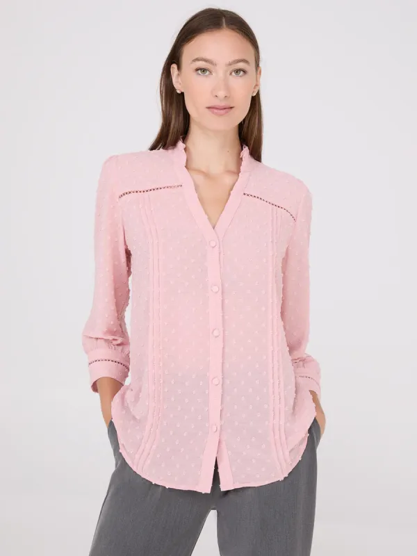 Textured Split Collar Button-Front Blouse sold by Suzy Shier