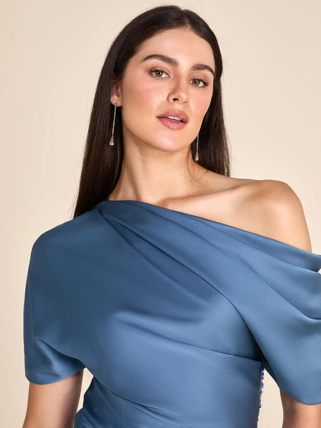 One-Shoulder Satin Gown With Pleated Detail sold by Suzy Shier product image thumbnail 3