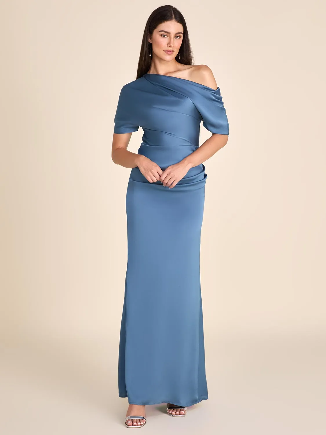 One-Shoulder Satin Gown With Pleated Detail sold by Suzy Shier