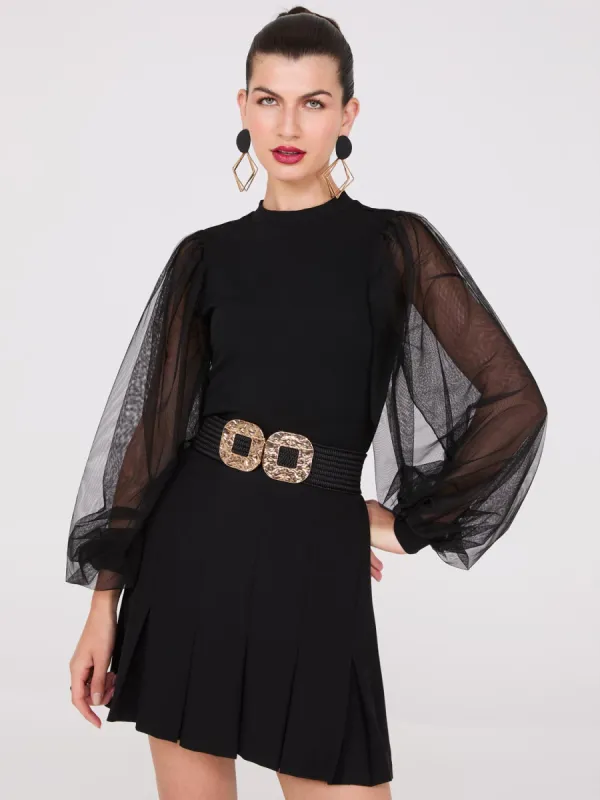 Crew Neck Top With Mesh Balloon Sleeves sold by Suzy Shier