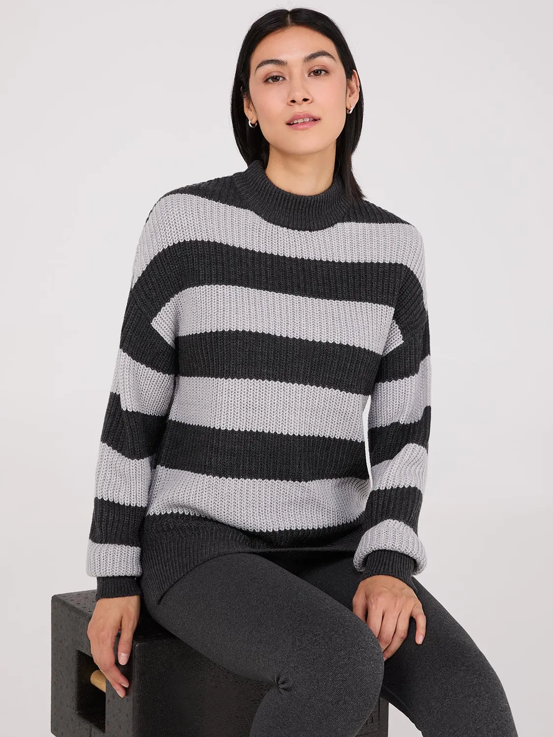 Striped Mock Neck Sweater With Side Slits sold by Suzy Shier