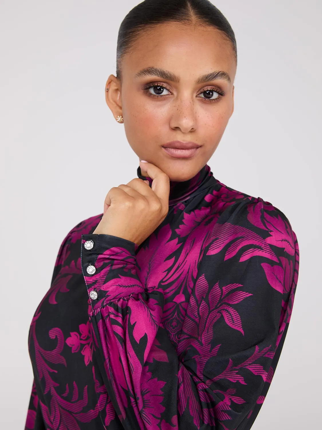 Printed Long Balloon Sleeve Mock Neck Blouse sold by Suzy Shier product image thumbnail 2