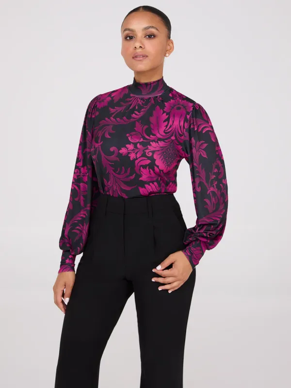 Printed Long Balloon Sleeve Mock Neck Blouse sold by Suzy Shier