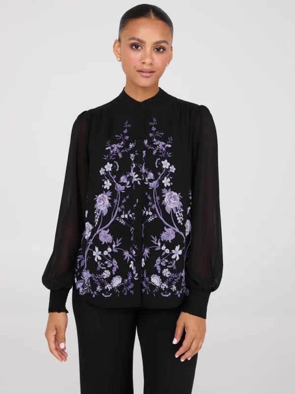 Floral Print Chiffon Button-Front Flowy Blouse sold by Suzy Shier