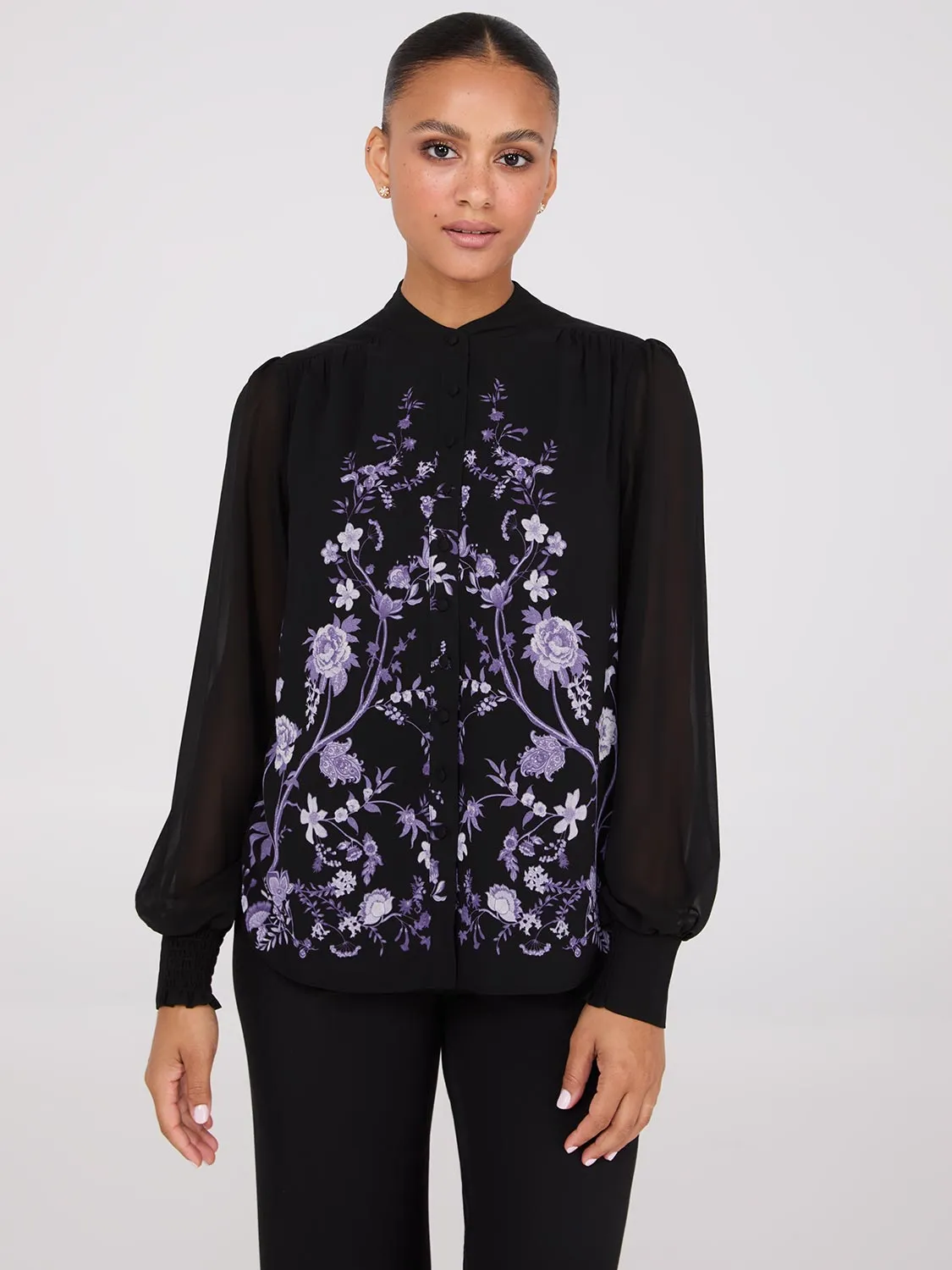 Floral Print Chiffon Button-Front Flowy Blouse sold by Suzy Shier