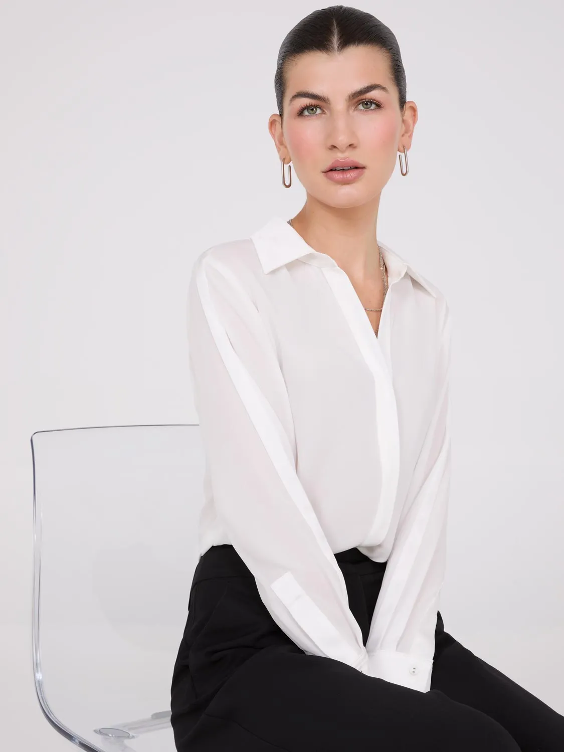 Chiffon Button-Front Blouse With Satin Details sold by Suzy Shier product image thumbnail 2