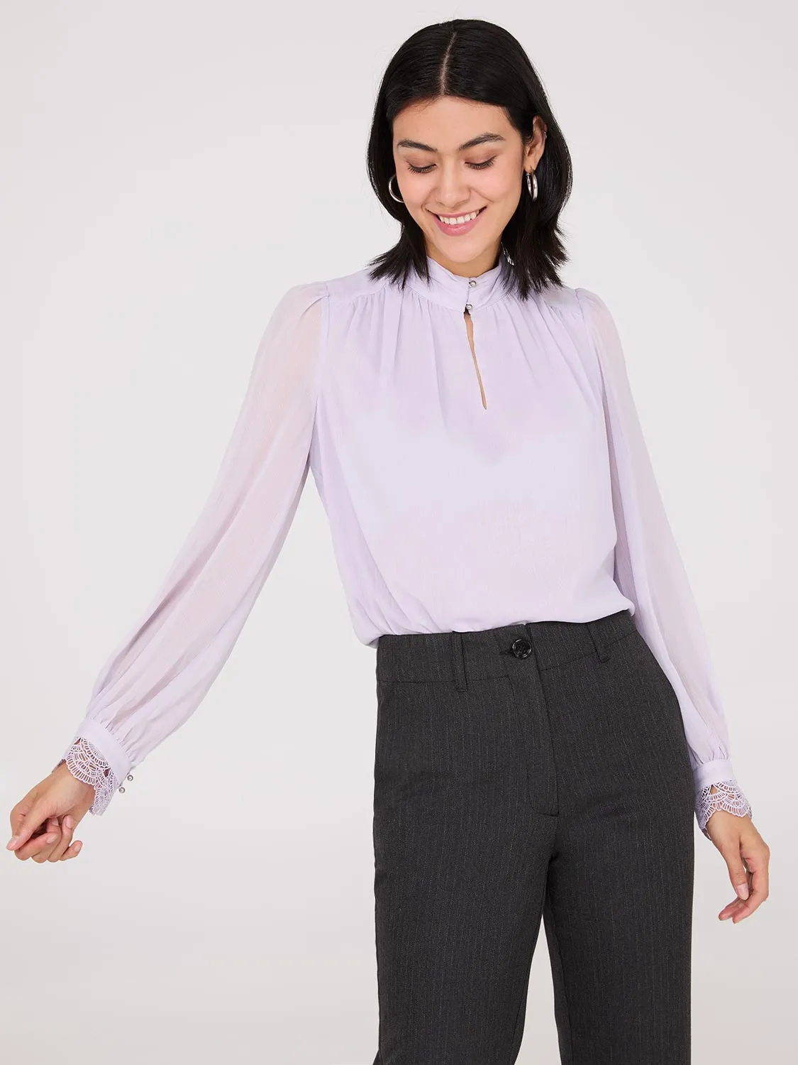 Button-Up Mock Neck Chiffon Blouse sold by Suzy Shier