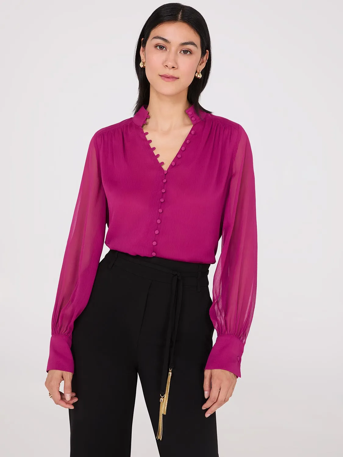 Nehru Collar Button-Front Chiffon Blouse sold by Suzy Shier