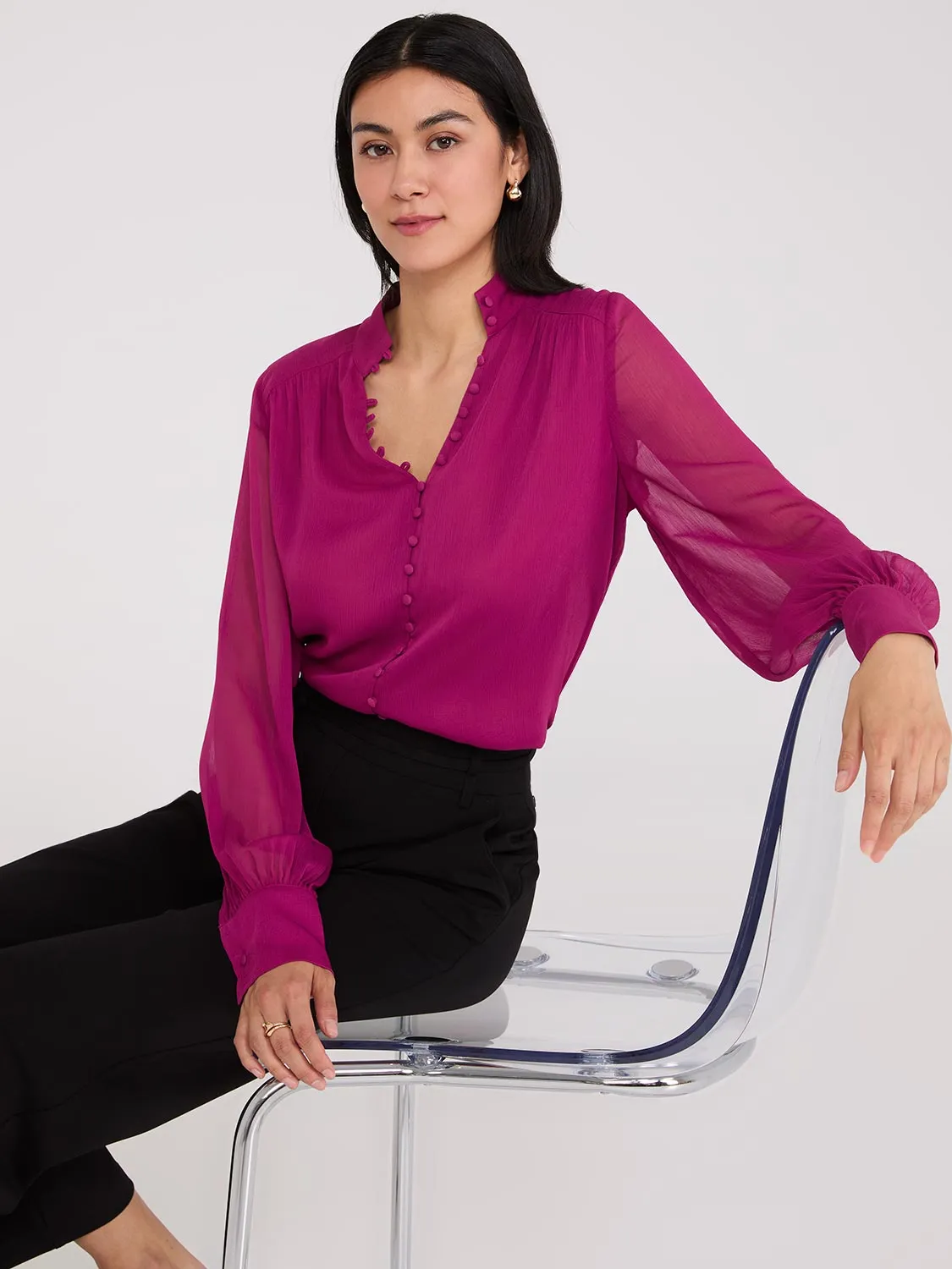 Nehru Collar Button-Front Chiffon Blouse sold by Suzy Shier product image thumbnail 3