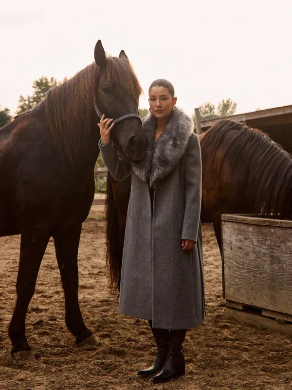 Long Wrap Coat With Faux Fur Collar sold by Suzy Shier