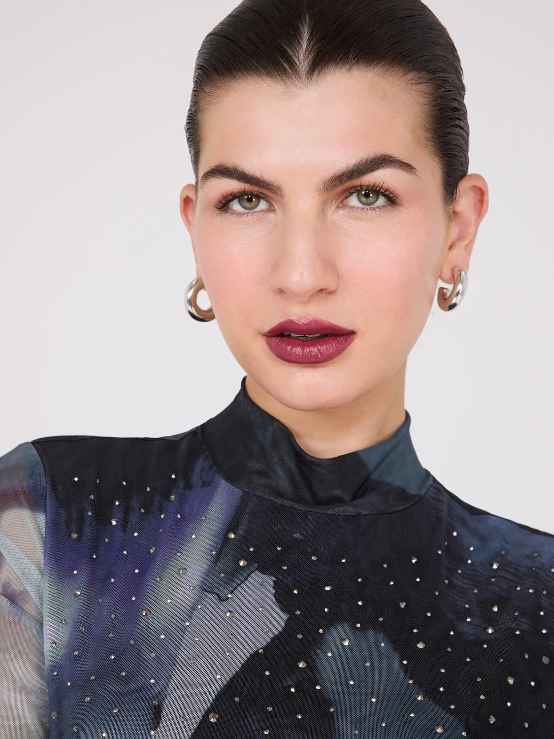 Abstract Print Rhinestone Mesh Top sold by Suzy Shier product image thumbnail 2