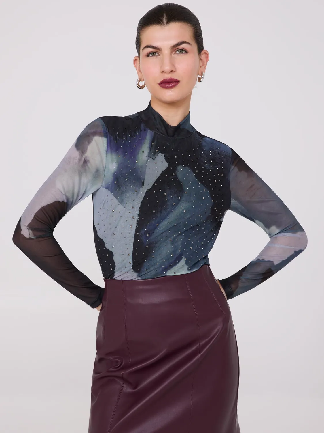 Abstract Print Rhinestone Mesh Top sold by Suzy Shier