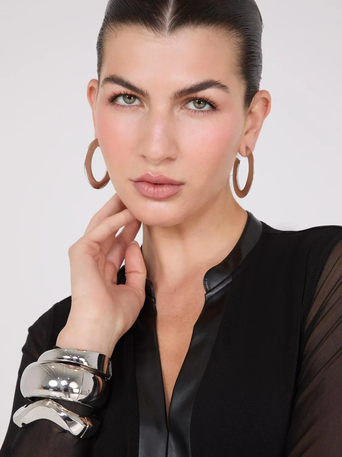 Faux Leather Collared Top With Mesh Sleeves sold by Suzy Shier product image thumbnail 3