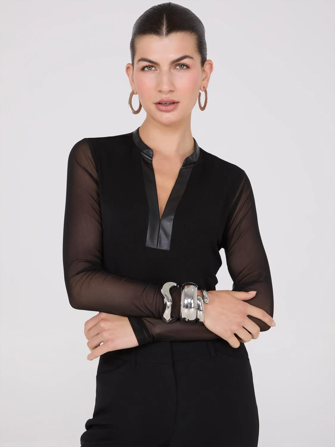 Faux Leather Collared Top With Mesh Sleeves sold by Suzy Shier product image thumbnail 2