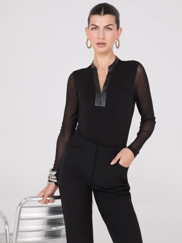 Faux Leather Collared Top With Mesh Sleeves sold by Suzy Shier