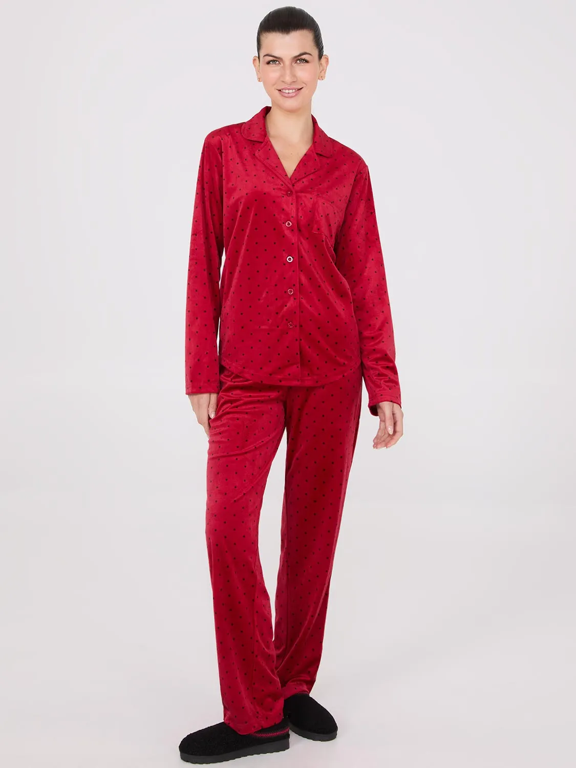 Dot Print Velour Button-Down Pajama Set sold by Suzy Shier product image thumbnail 5