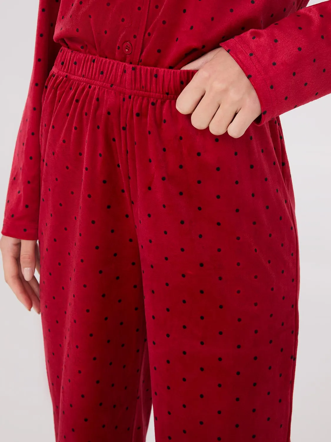 Dot Print Velour Button-Down Pajama Set sold by Suzy Shier product image thumbnail 4