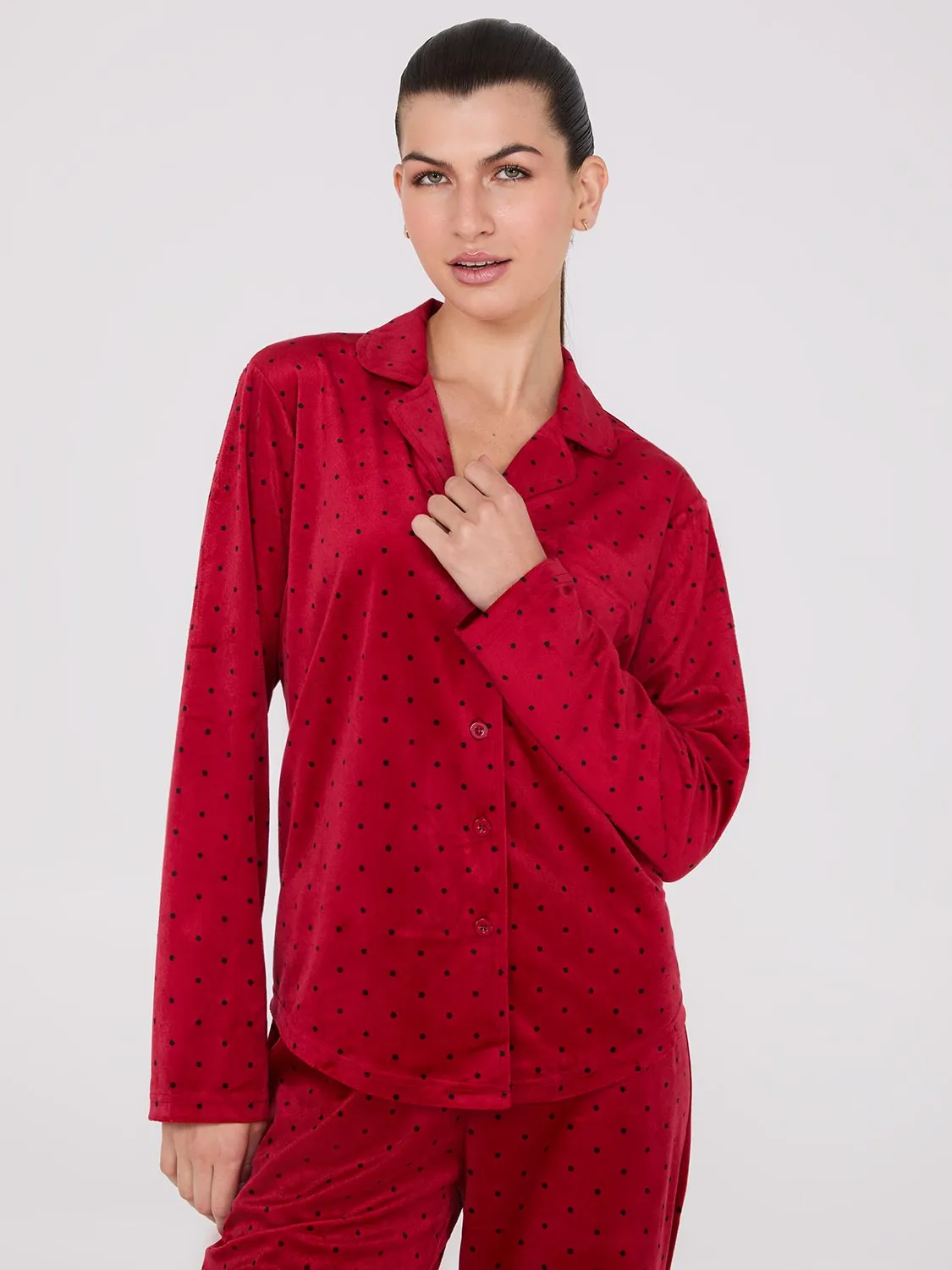 Dot Print Velour Button-Down Pajama Set sold by Suzy Shier product image thumbnail 2