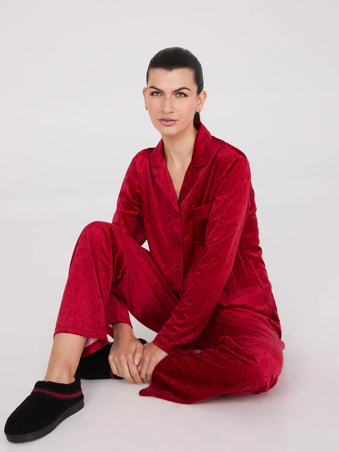 Dot Print Velour Button-Down Pajama Set sold by Suzy Shier