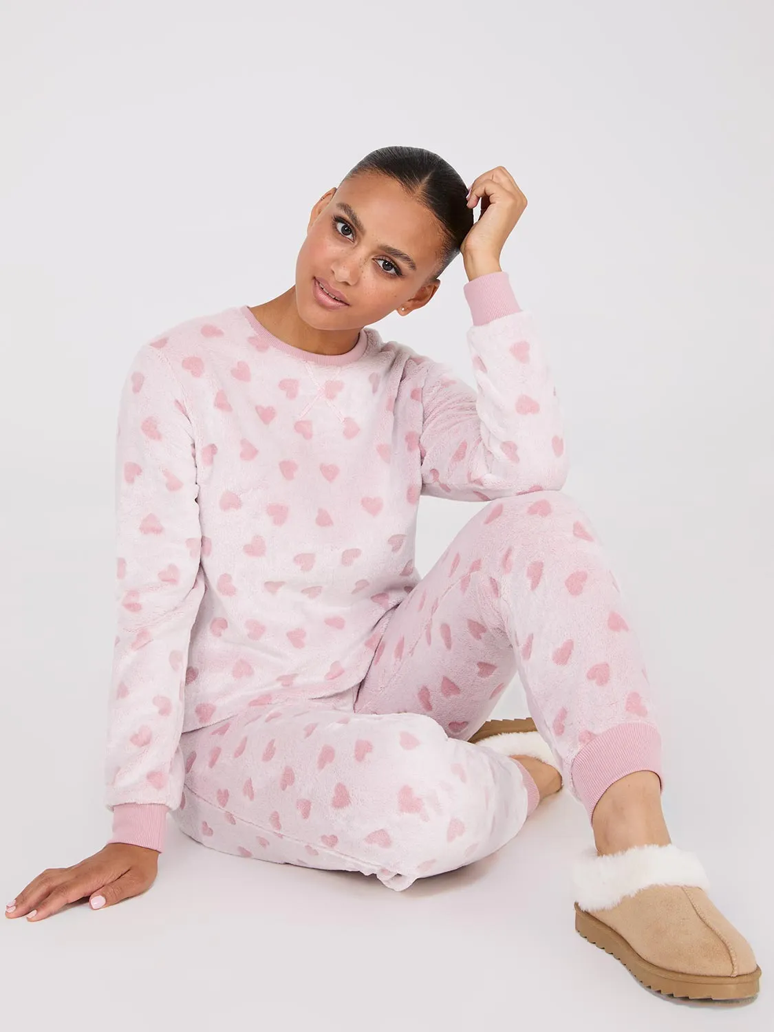 Embossed Heart Pattern Plush Pajama Set sold by Suzy Shier product image thumbnail 4