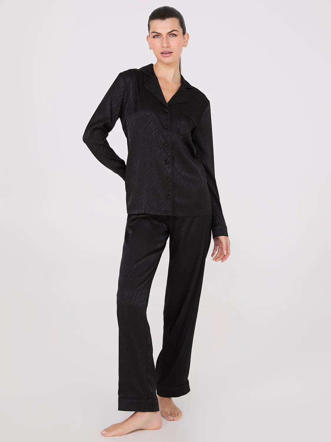 Satin Jacquard Button-Down Pajama Set sold by Suzy Shier
