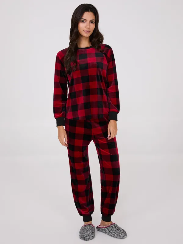 Plaid Print Velour Pajama Set sold by Suzy Shier