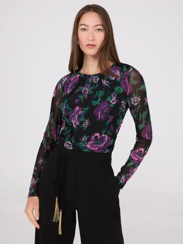 Floral Print Ruched Mesh Top sold by Suzy Shier