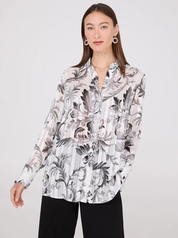 Floral Print Metallic Shadow Stripe Chiffon Blouse sold by Suzy Shier