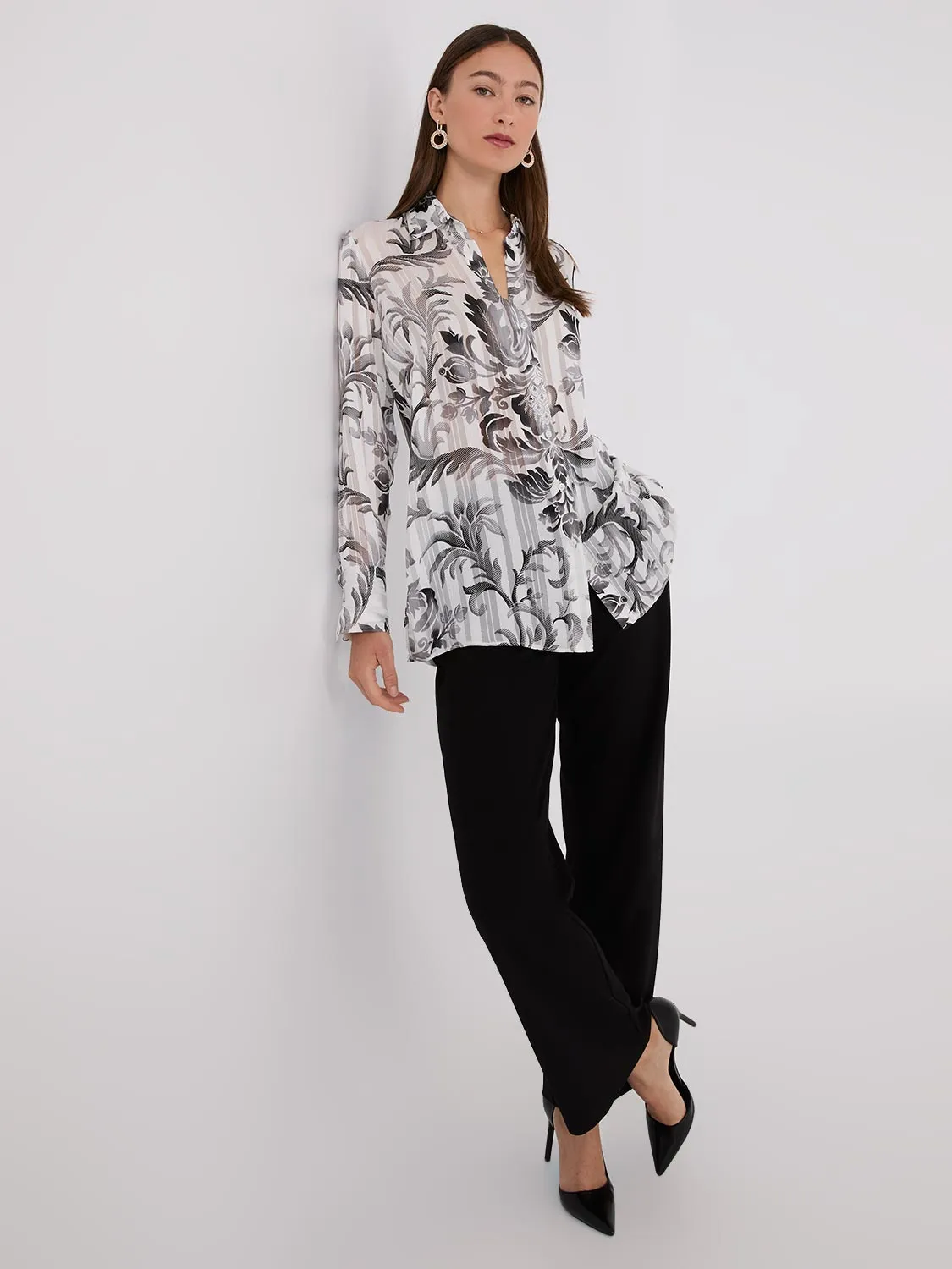 Floral Print Metallic Shadow Stripe Chiffon Blouse sold by Suzy Shier product image thumbnail 3