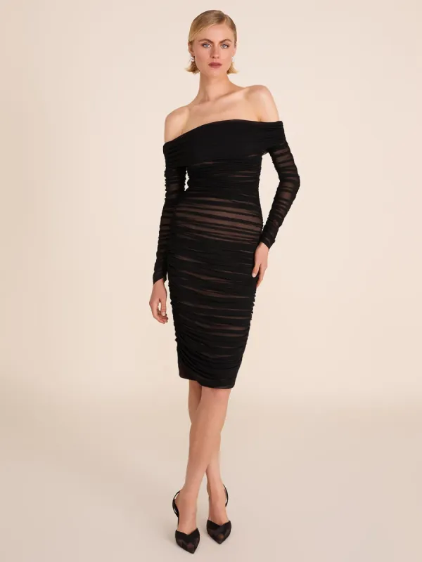 Long Sleeve Off-The-Shoulder Knee Length Mesh Dress sold by Suzy Shier