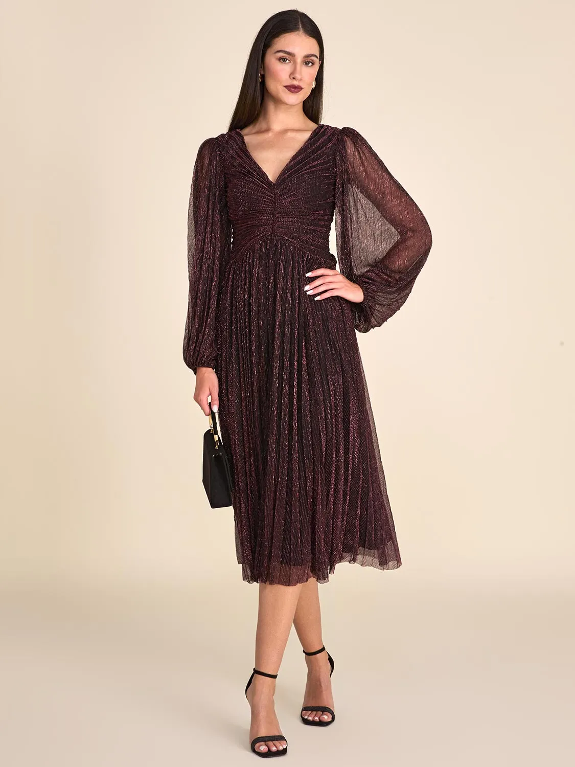 Balloon Sleeve Metallic Crinkle Knit Midi Dress sold by Suzy Shier