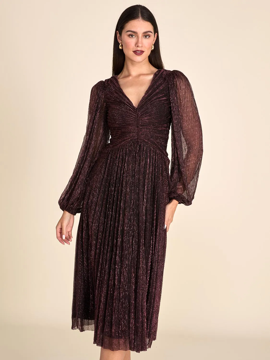 Balloon Sleeve Metallic Crinkle Knit Midi Dress sold by Suzy Shier product image thumbnail 3