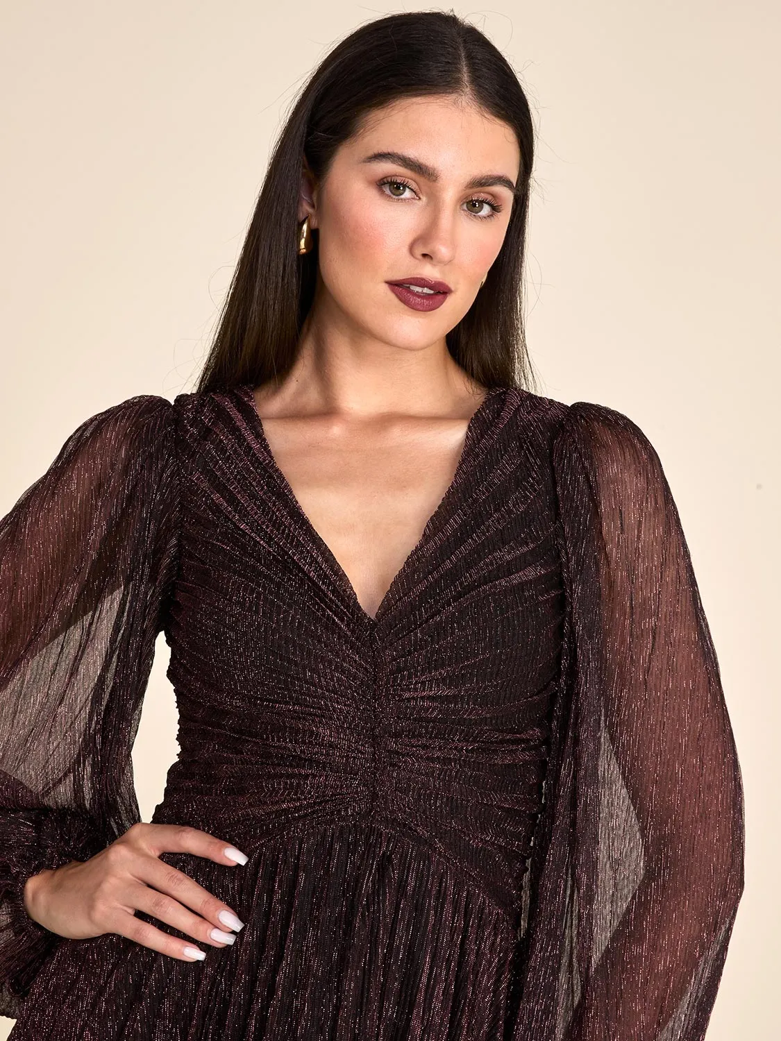 Balloon Sleeve Metallic Crinkle Knit Midi Dress sold by Suzy Shier product image thumbnail 4