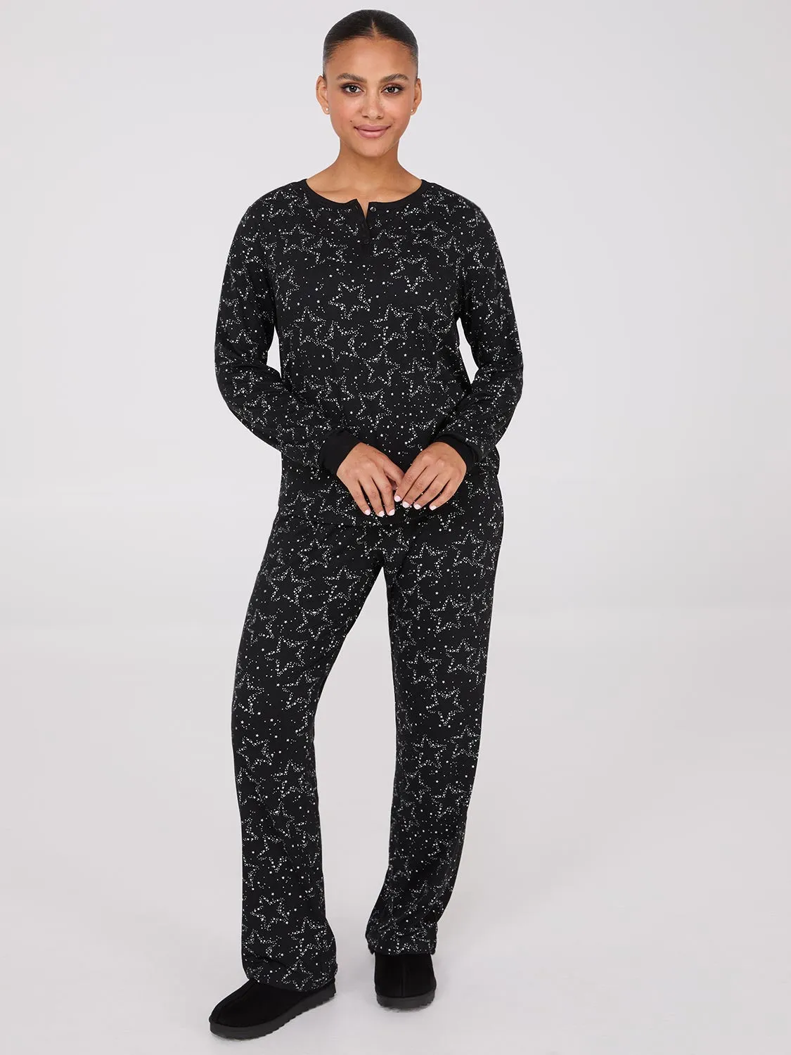 Star Print Henley Pajama Set sold by Suzy Shier